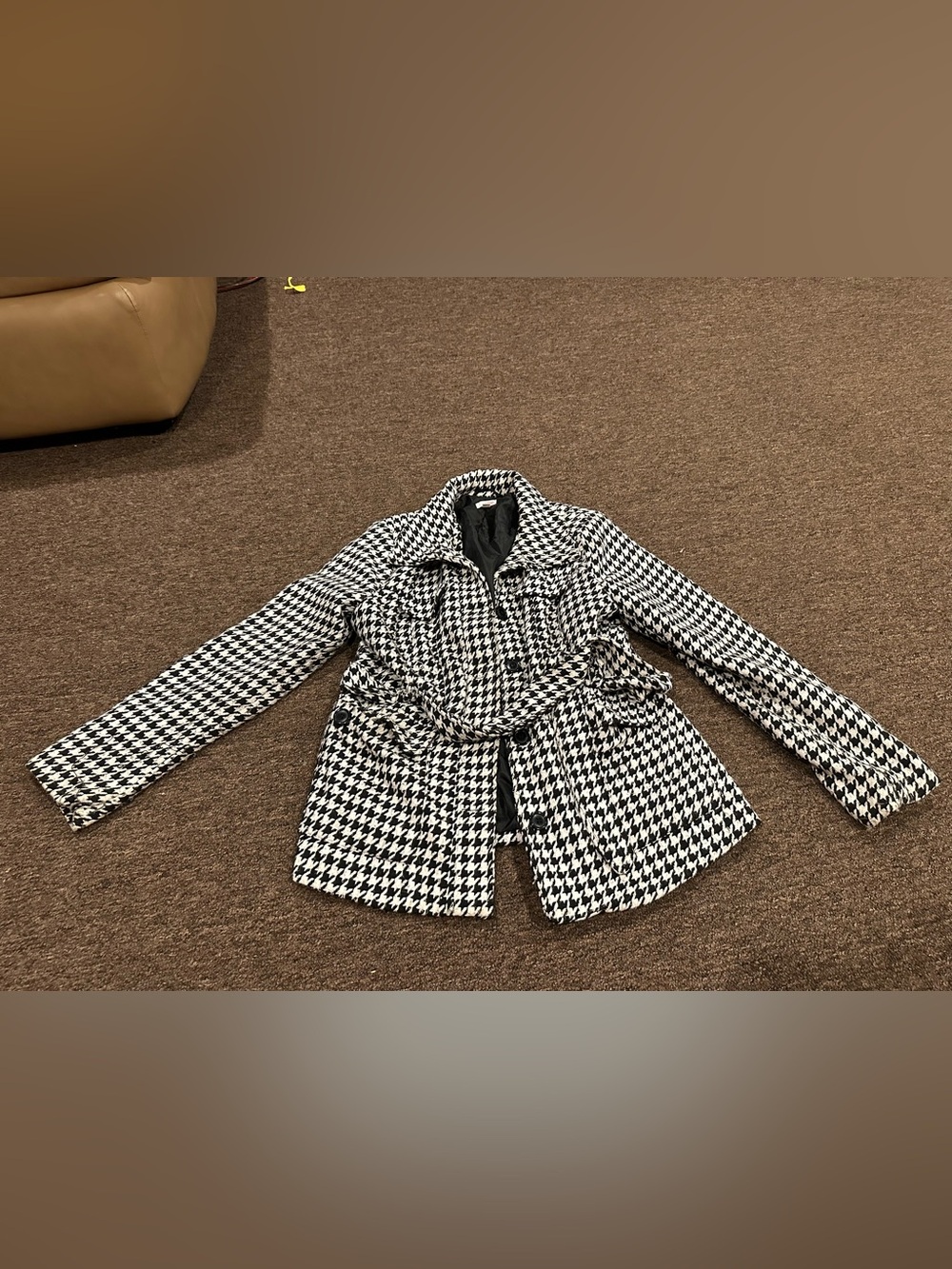 EUC Women's BONGO Houndstooth L Belted Peacoat Jacket Black & White